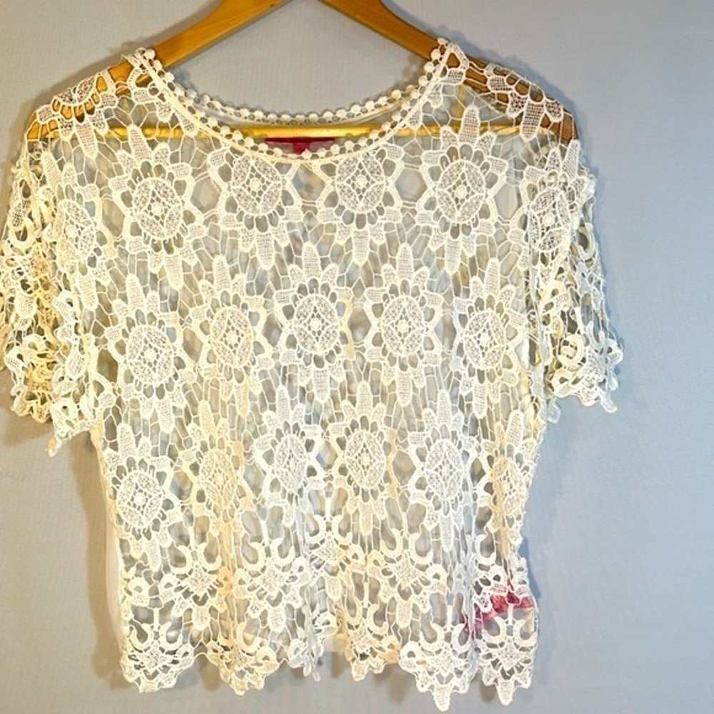 Derek Heart Women Blouse Front Lace Short Sleeves Side Slits Cream Ivory Size XL - Picture 8 of 11